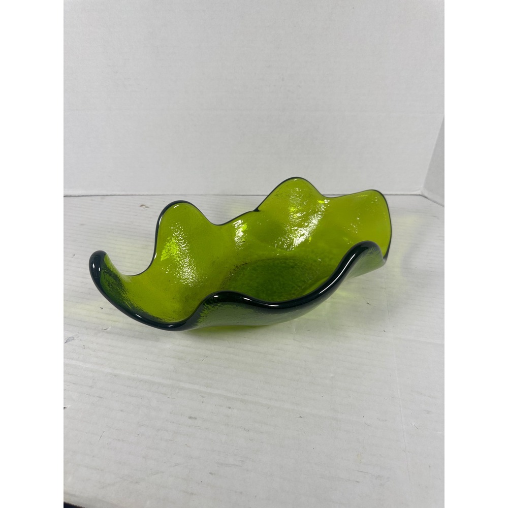 Vintage‎ Blenko Wayne Husted #663 Green Amoeba Wavy Freeform Leaf Bowl 15.5"